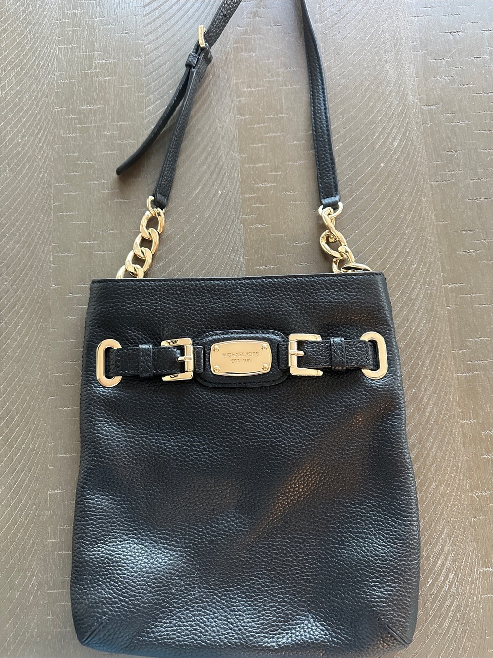 Michael Kors Black Pebbled Leather Shoulder Bag with Gold Hardware Plate